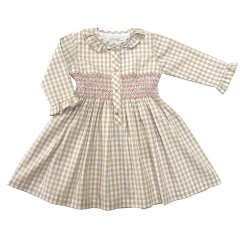 Macarena Dress, Beige Gingham